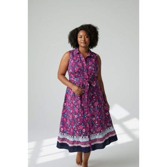 New Lane Bryant Shirt Dress Womens Plus 24 Floral Bird Print Cottagecore Coastal - Picture 1 of 8